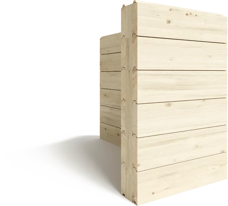 Puukehikko ja lautaelementtejä, jotka muodostavat puisen seinän.