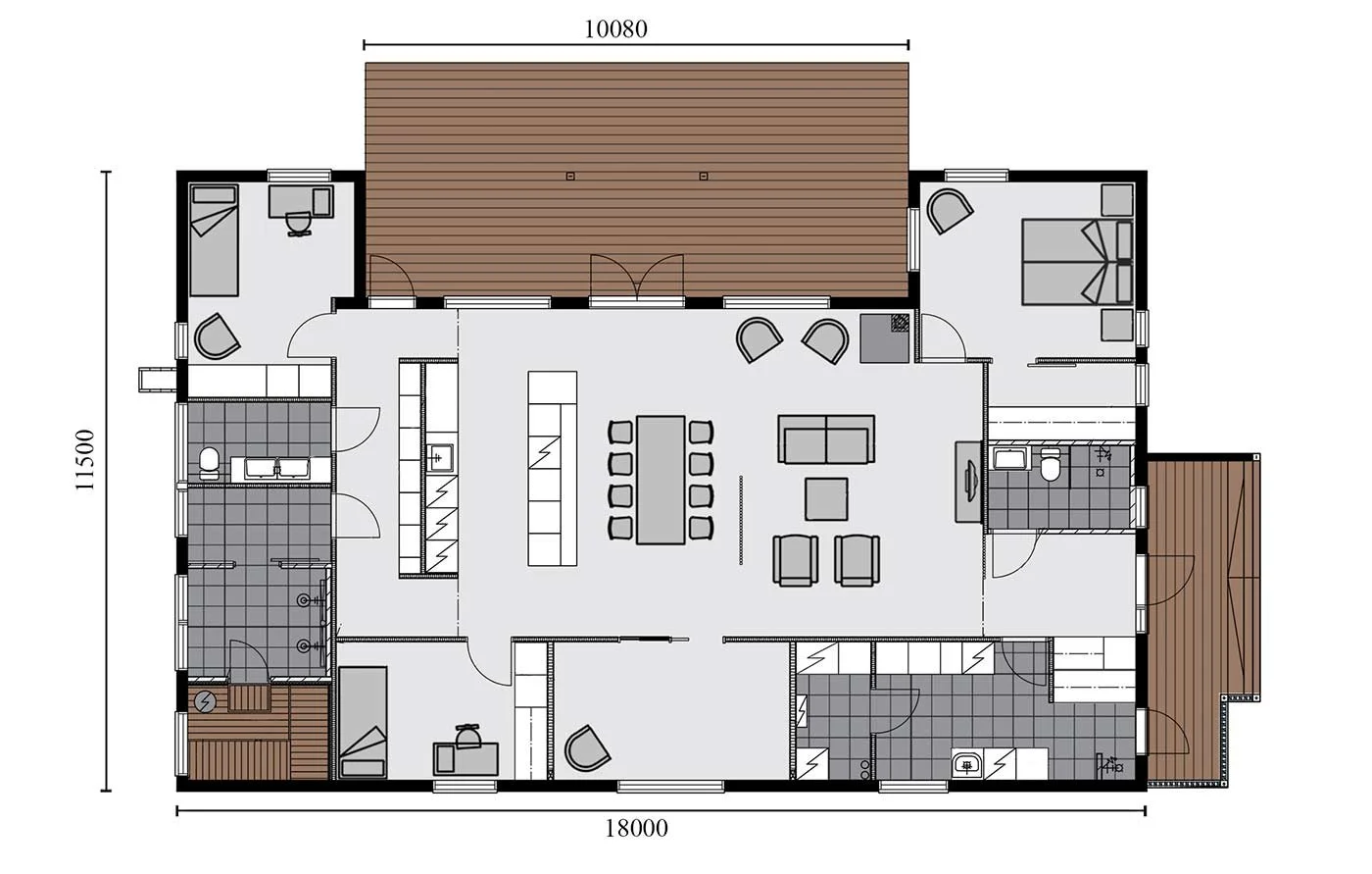 Talo pohjakuva, sisältää makuuhuoneita, kylpyhuoneita, keittiön, olohuoneen ja terasseja.