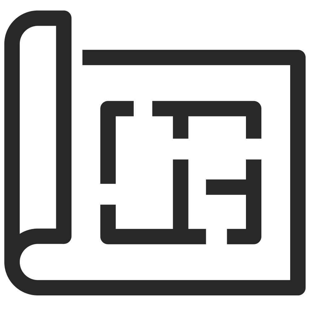 Tämä on iconi ohjeesta tai kartasta, jossa on linjoja ja rakennuksia, yleensä käytetään navigointiin tai suunnitelmiin.