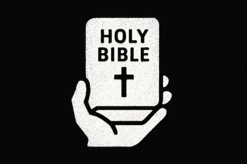 A white hand holds an illustrated Bible, with "HOLY BIBLE" and a cross displayed prominently, set against a black background.