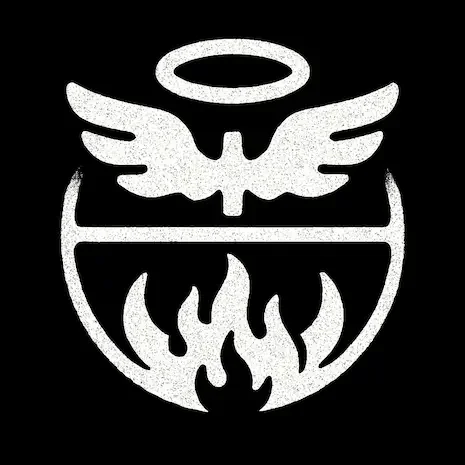 A stylized emblem featuring angel wings and a halo above flames, set against a black background