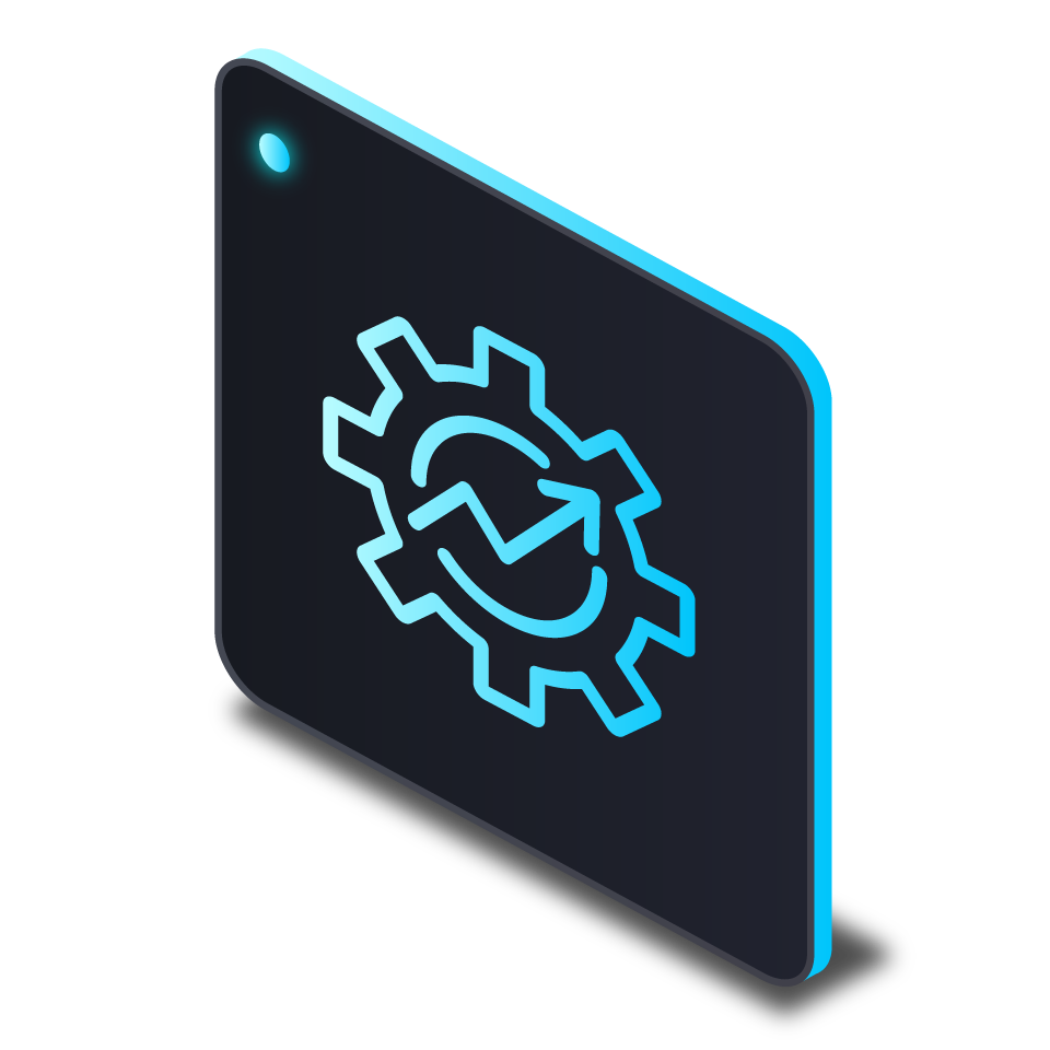 A digital icon of a gear with an arrow and a curved line inside, suggesting settings or system update, on a black and blue gradient background.