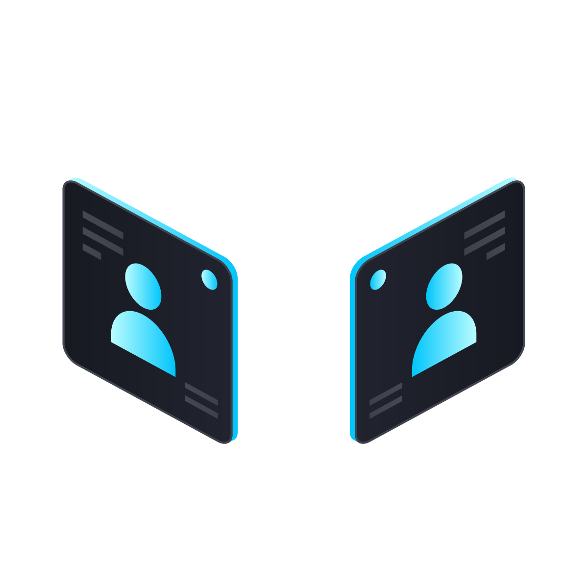 Illustration of two holographic profile icons on separate screens facing each other, with a light blue gradient background between them.