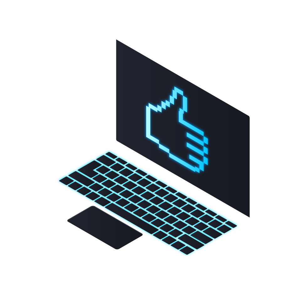 Digital illustration of a computer keyboard with a glowing thumbs-up icon above it.