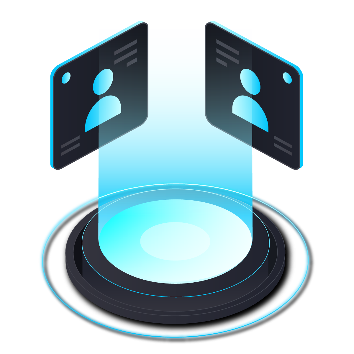 Digital illustration of two holographic profile icons connecting through a circular platform with a glowing blue light.
