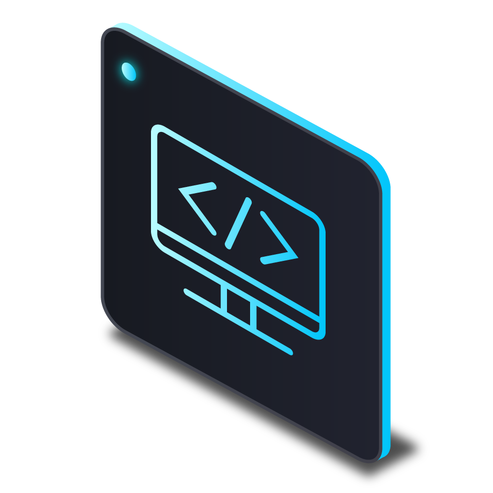 Neon-style digital icon of a computer monitor with coding brackets on the screen.