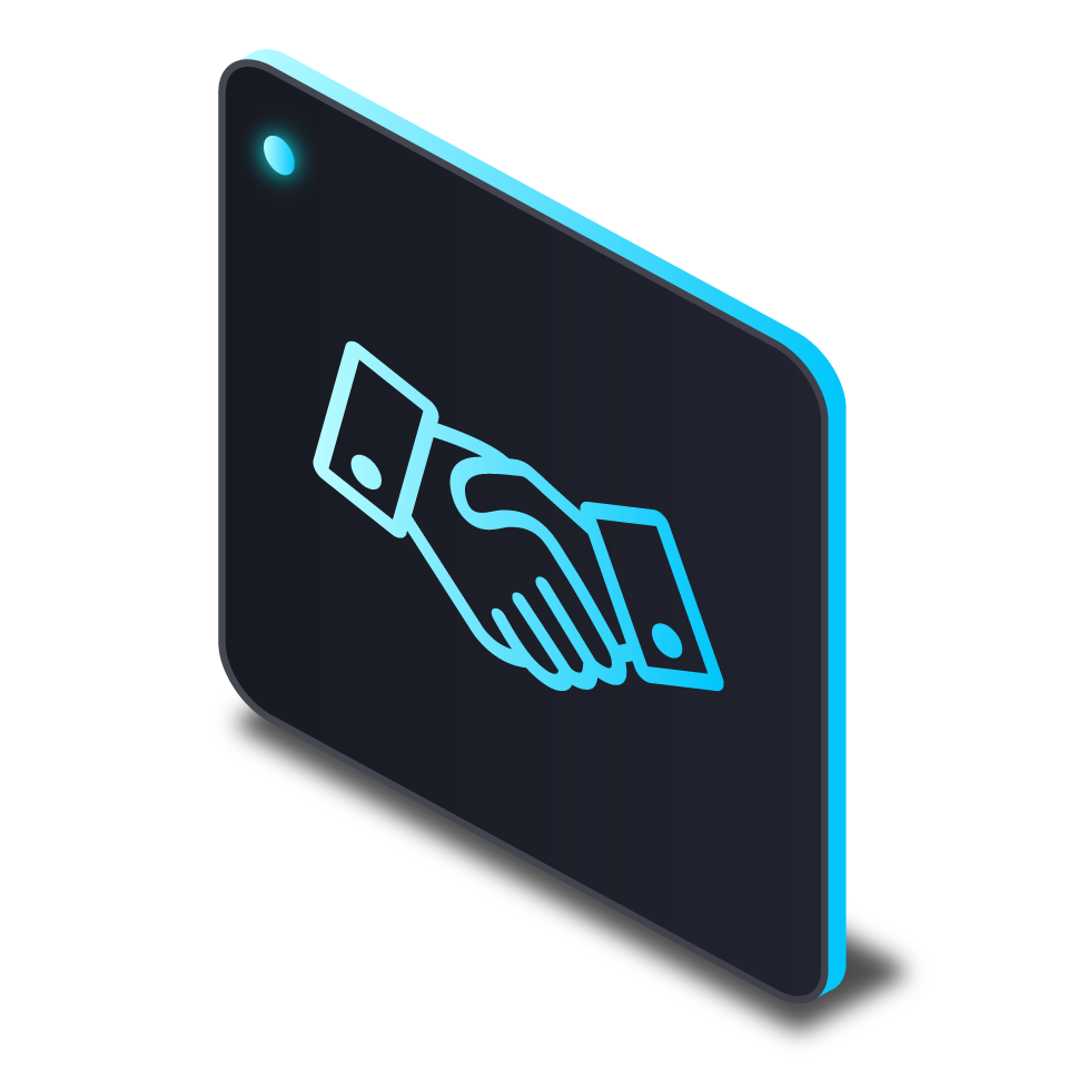 Icon of two hands shaking inside a rounded square with a black background and blue glow, representing agreement or partnership.