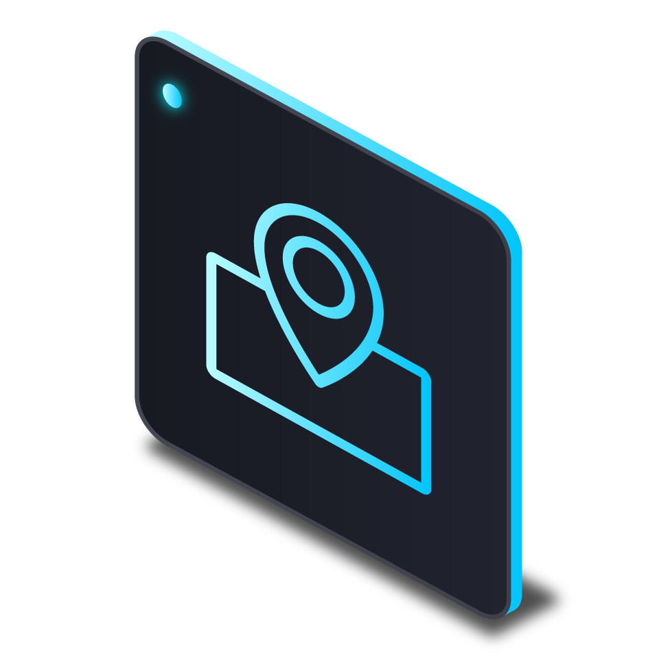 A neon-style icon of a location pin inside an envelope on a computer screen.