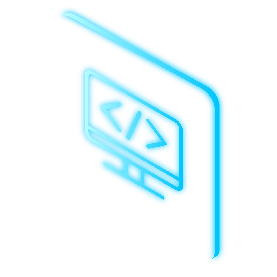 Blue neon sign showing a digital icon representing coding or programming on a monitor with a code symbol displayed.
