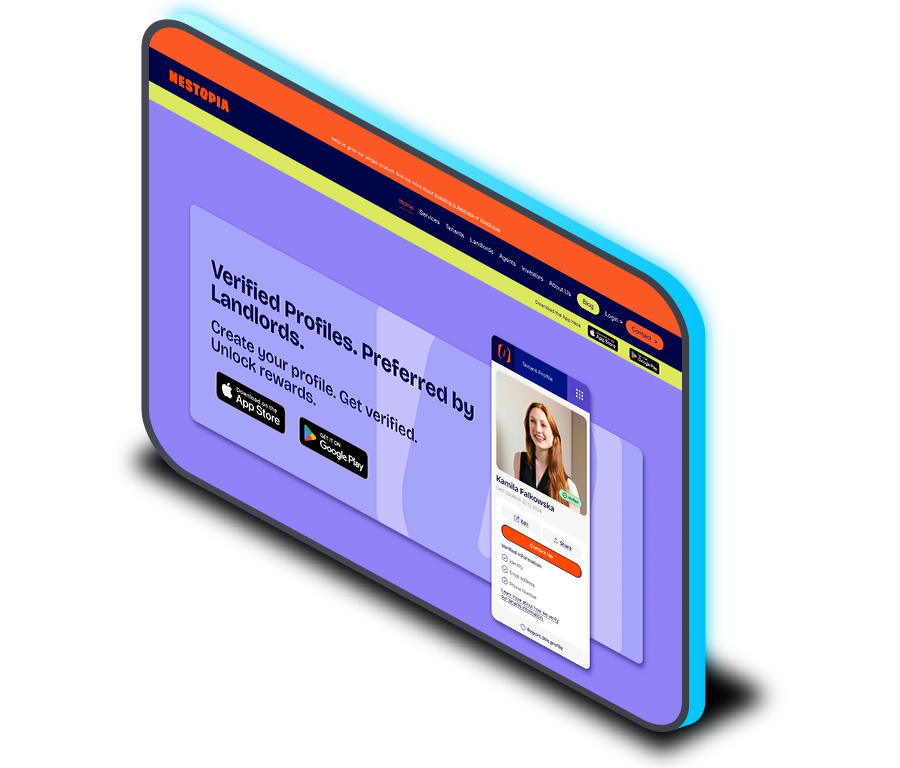 A screenshot of website with a navy blue, orange, and lime green header, featuring a purple main section promoting verified profiles and preferred landlords, with download links for apps on the App Store and Google Play, and a profile card of a smiling woman