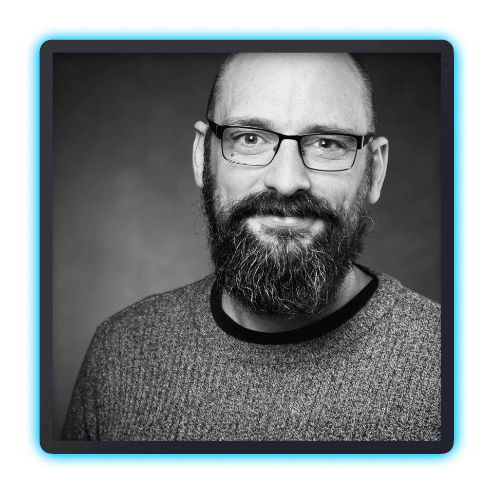 Black and white portrait of Owen Davies, CEO at Remarkable Dynamics