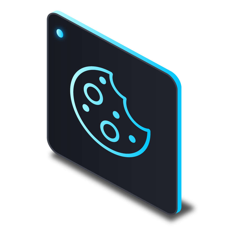 Illustration of a computer or tech device with a cookie illustration, glowing with blue light.