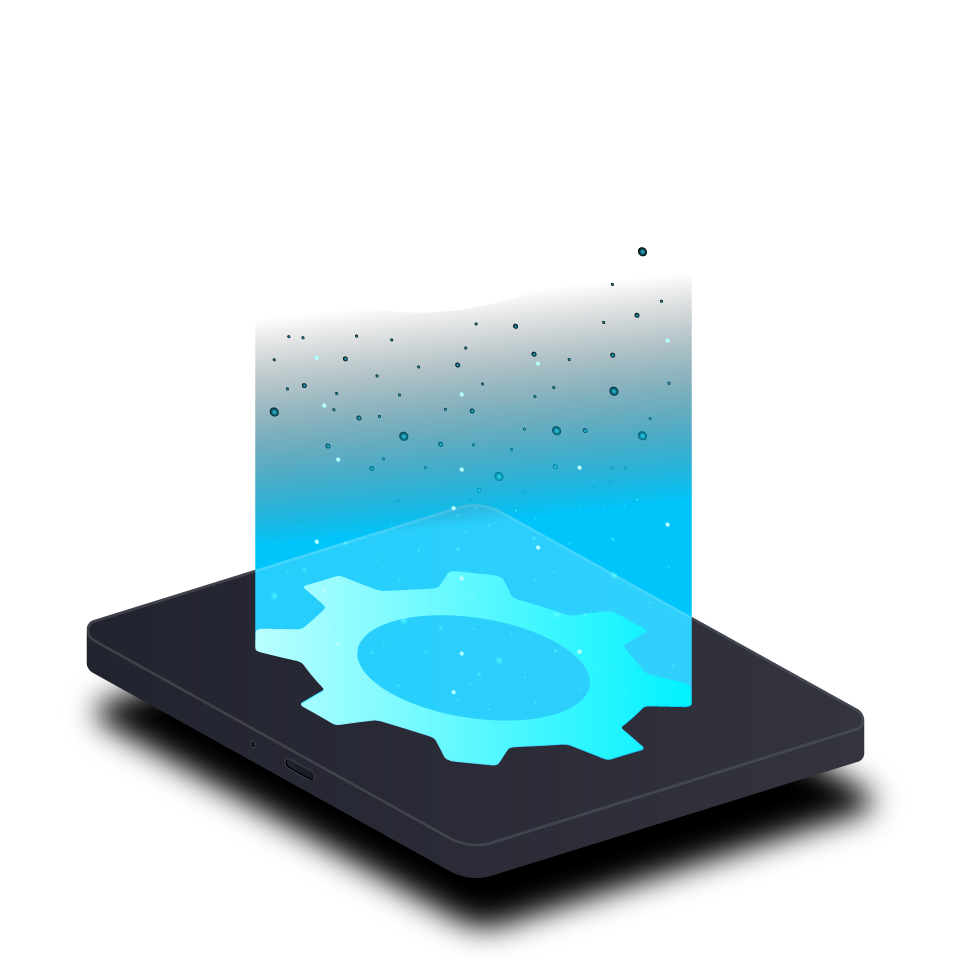 A digital illustration of a smartphone with a glowing gear icon on the screen, emitting particles and a blue light effect.