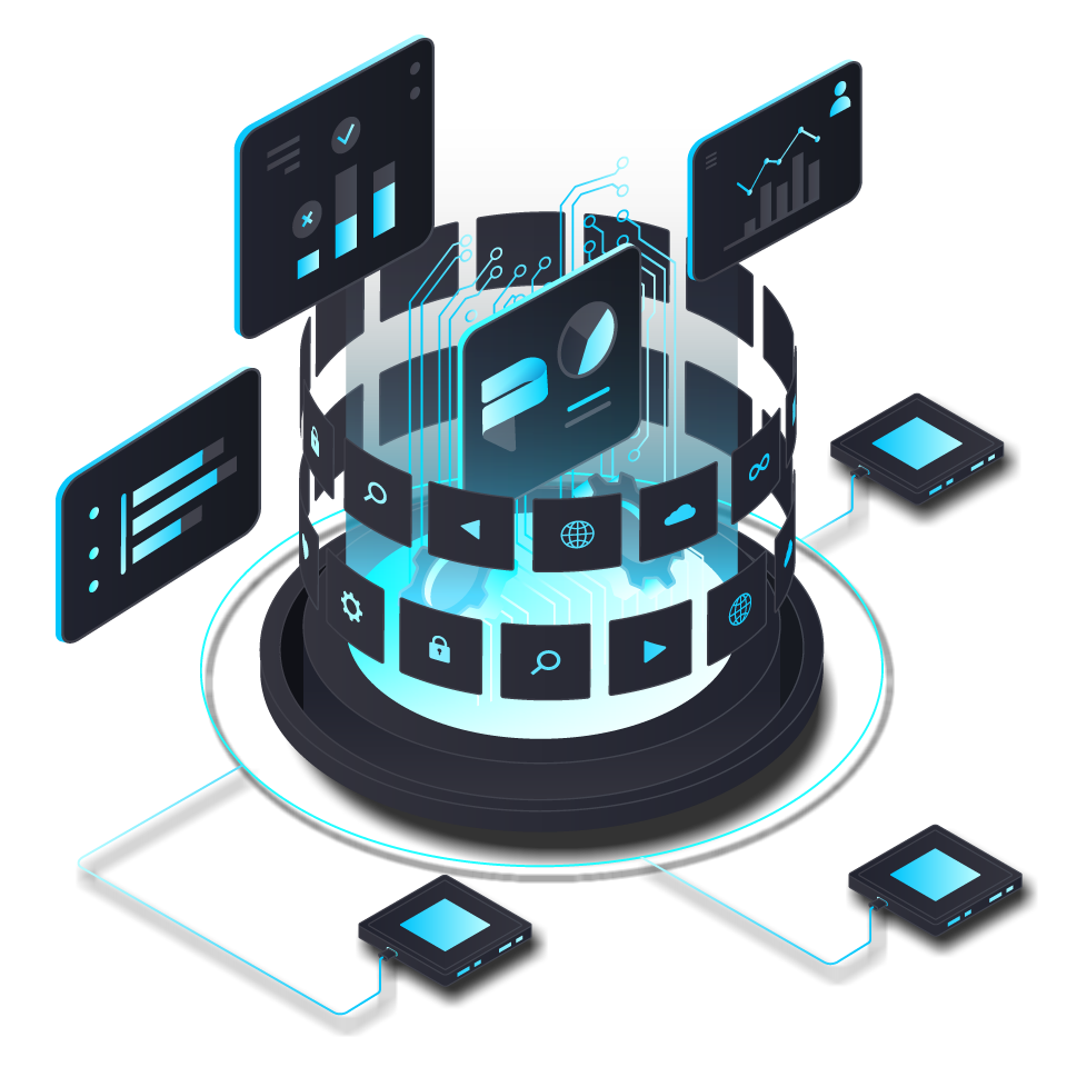 A digital illustration of a futuristic data hub with interconnected screens displaying charts, graphs, and icons related to technology and information management.