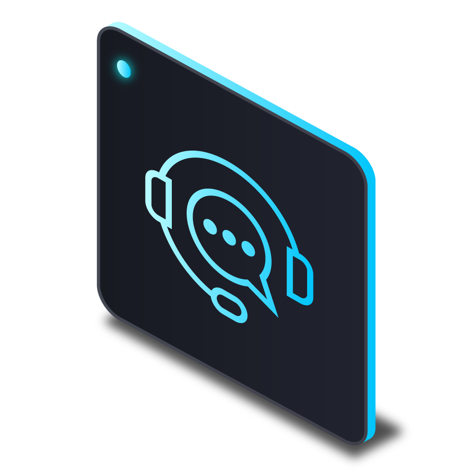 Neon icon of a chat bubble with a headset, indicating a customer support or communication feature.