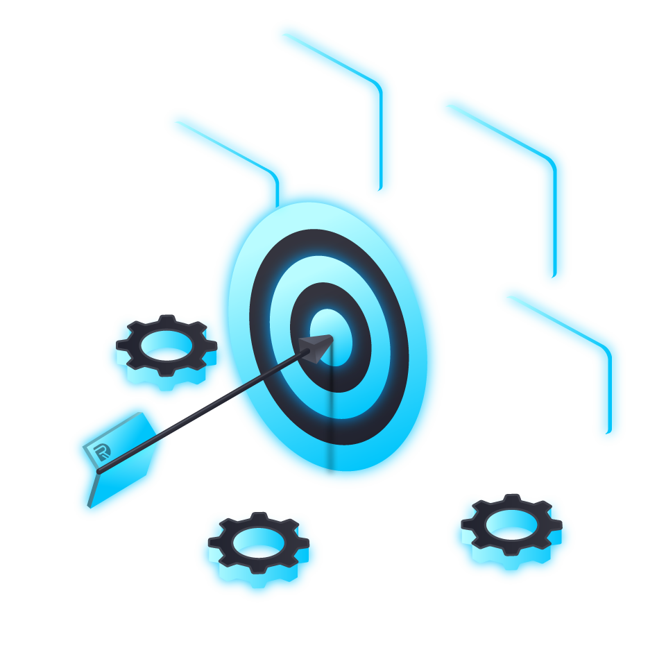 A digital illustration of a target with an arrow hitting the bullseye, surrounded by gears, representing goal achievement or strategy.