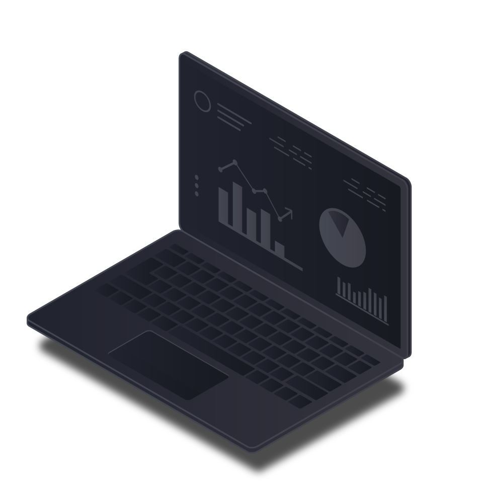 Isometric illustration of a black laptop with analytics and graphs displayed on the screen.