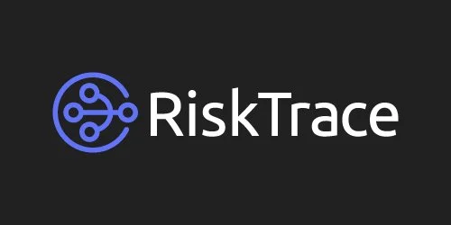 RiskTrace logo with a circular blue icon and white text on a black background.