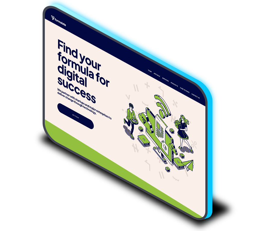 Website homepage for Formulate with a headline 'Find your formula for digital success' and illustrations of people interacting with digital devices and technology.