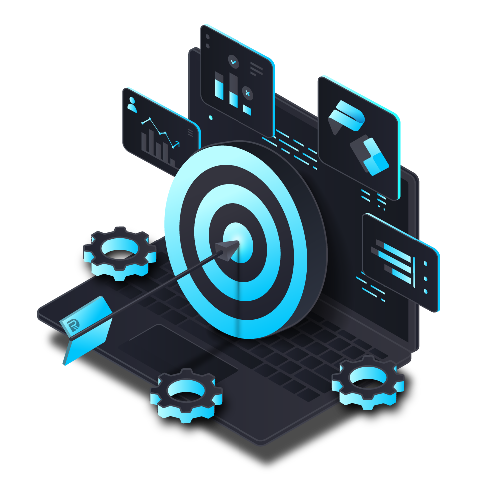 A digital illustration of a target with an arrow hitting the bullseye, surrounded by various data charts and gears on a laptop, symbolizing goal achievement, data analysis, and technical precision.