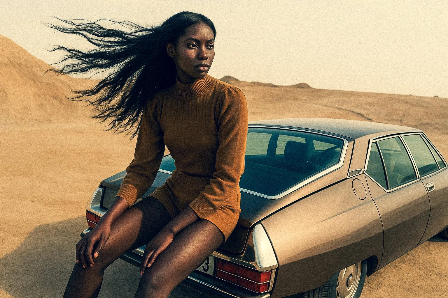 A woman with dark skin wearing a white headscarf, yellow tinted sunglasses, and a cream-colored knitted sweater against a blue sky background.
