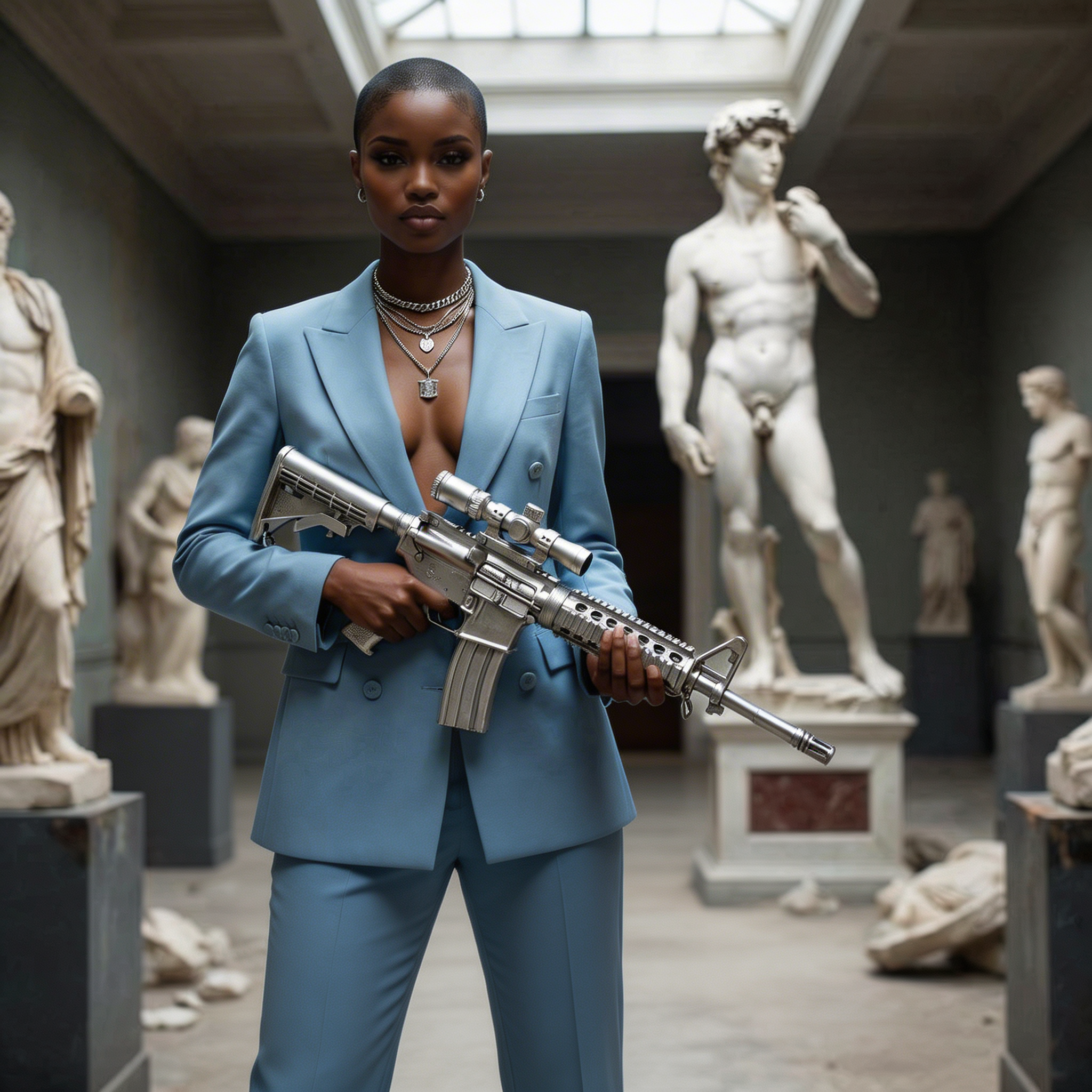A woman in a blue suit with short hair and jewelry, holding a detailed sniper rifle, standing in an art museum surrounded by classical sculptures.