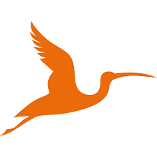 An orange silhouette of a flying bird with long, pointed beak.