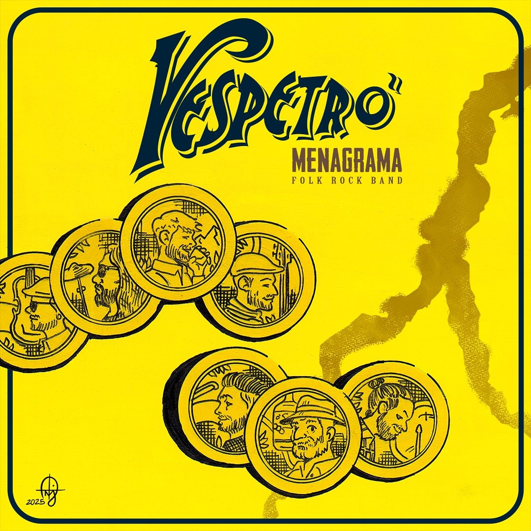 Copertina di un album musicale della band folk rock Menagrama, intitolato 'Vespiro'. La copertina è di colore giallo con disegni stilizzati di monete con ritratti di persone e una sagoma di fumo o nube sul lato destro.