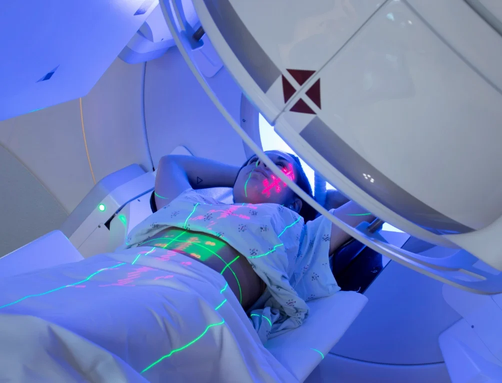 Patient receiving precision radiation therapy treatment with laser alignment at Eastern Oregon Cancer Center in Pendleton, Oregon.