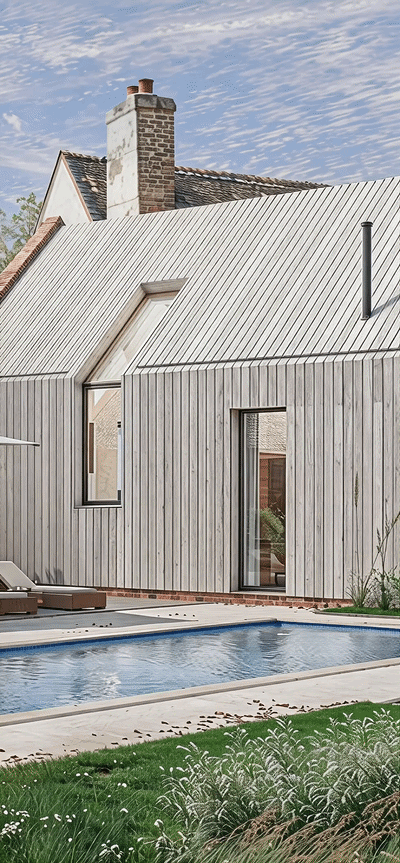 Modern house with vertical wooden siding, a sloped metal roof, a large sliding glass door, and a swimming pool in the backyard, with greenery and a blue sky in the background.