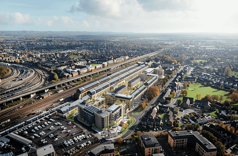 Aerial view of a city with train tracks, warehouses, residential buildings, and a park with trees and grass.