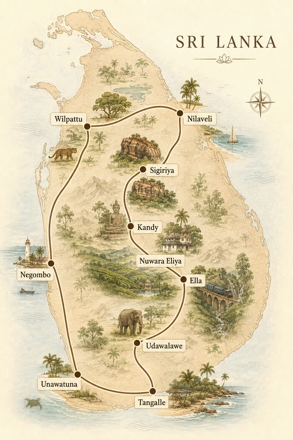 Kaart met de volledige reisroute door Sri Lanka met kinderen