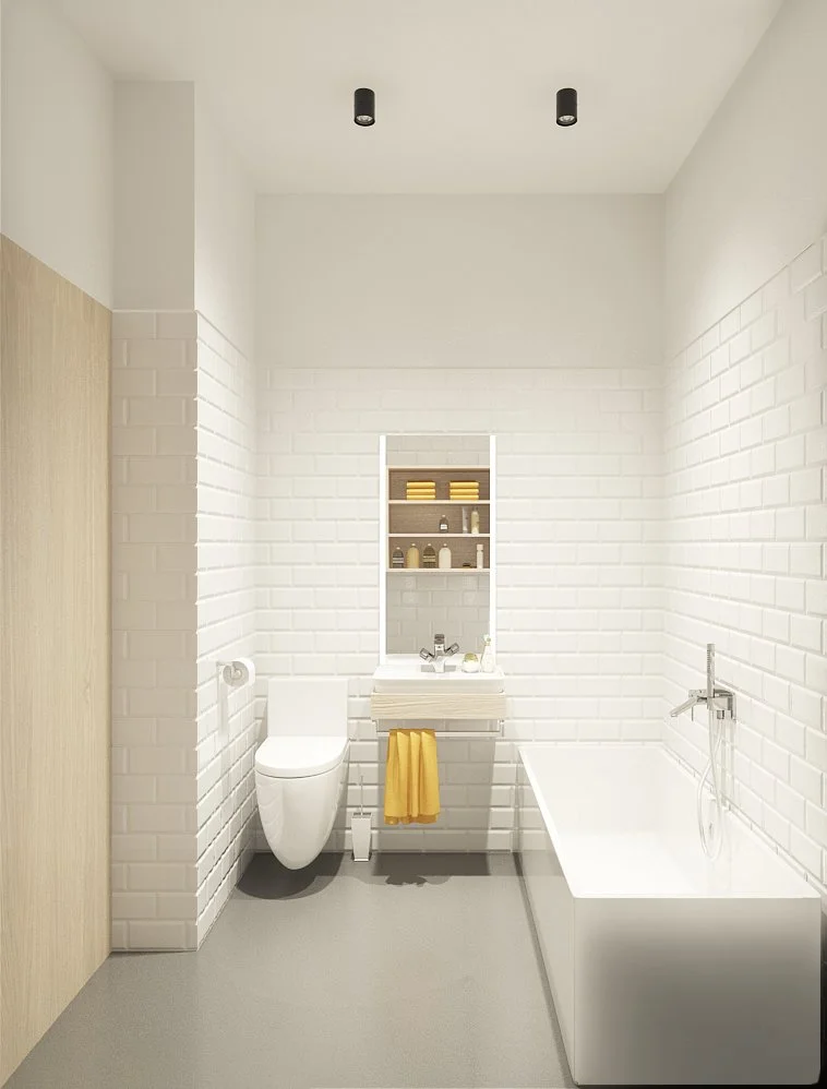 Minimalist bathroom with white brick walls, a toilet, a small sink with a yellow towel, a bathtub, and shelves with towels and bottles.