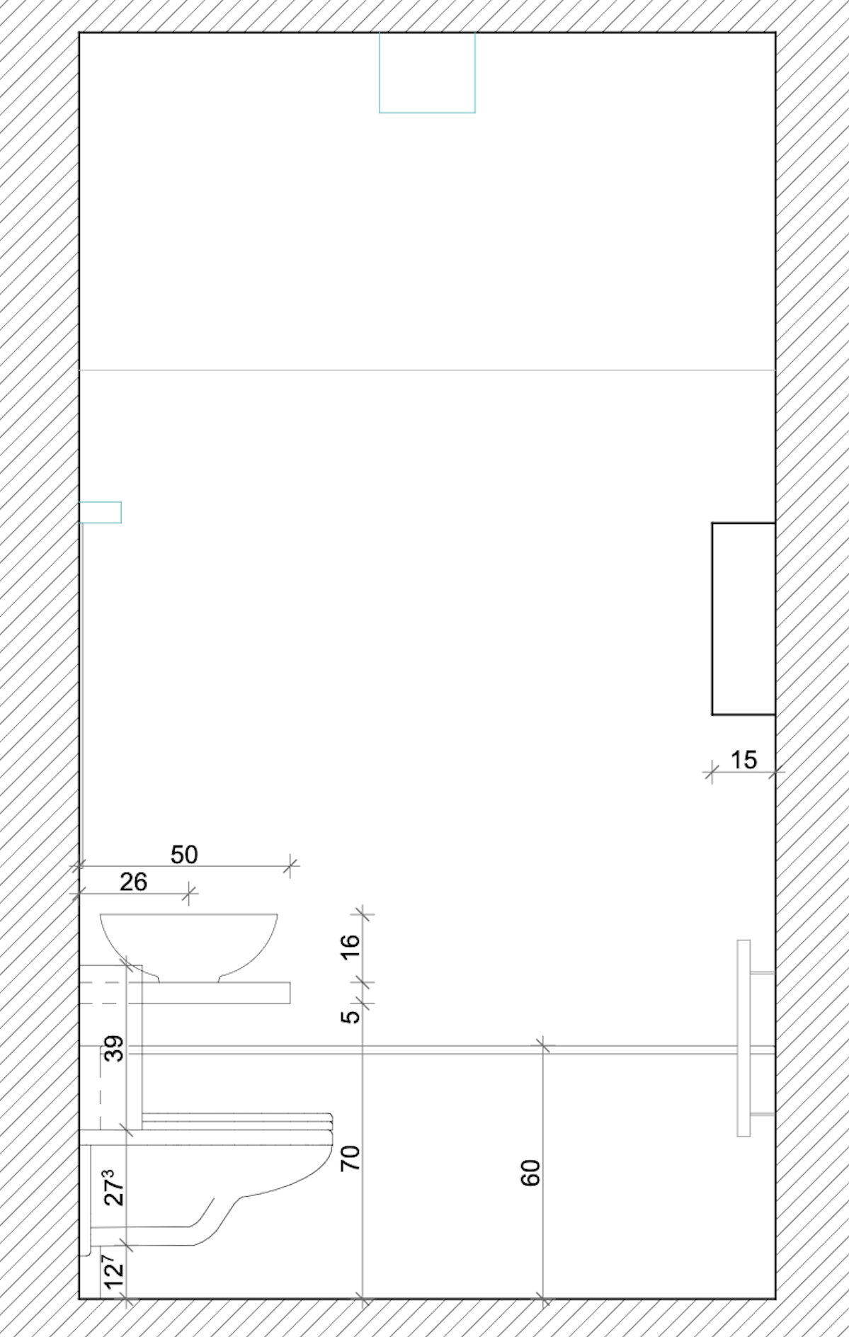 Architectural floor plan of a room with dimensions, fixtures, and wall features.