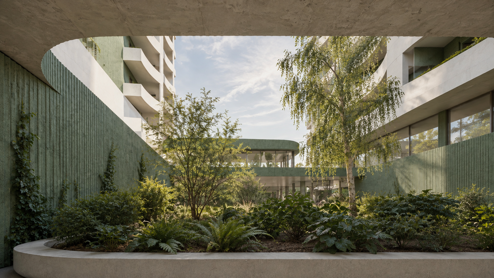 View of a modern apartment complex courtyard with lush green plants and trees, framed by concrete and glass structures, under a partly cloudy sky.