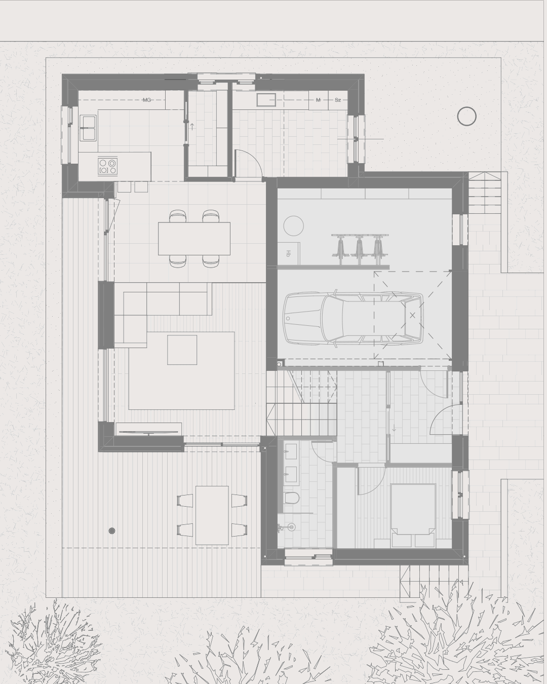Floor plan of a split-level house with a garage, living room, dining area, kitchen, bedroom, bathroom, and outdoor patio.