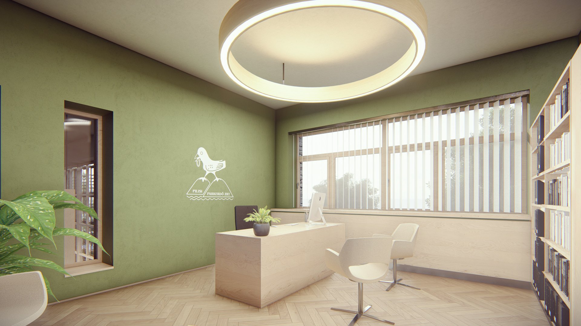 Modern office with green wall, large window with vertical blinds, white wooden desk, desktop computer, two white chairs, a potted plant, bookshelf, and circular ceiling light.