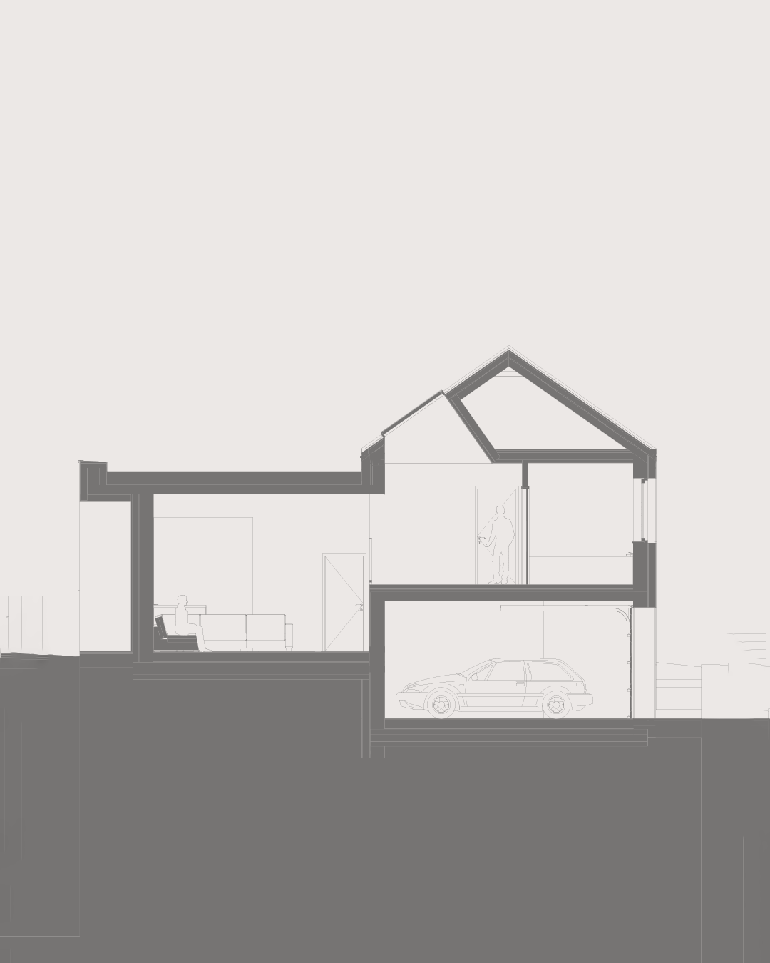 Architectural cross-section of a modern split-level house showing multiple levels, a garage with a car, interior living space with seating, and a figure standing indoors.