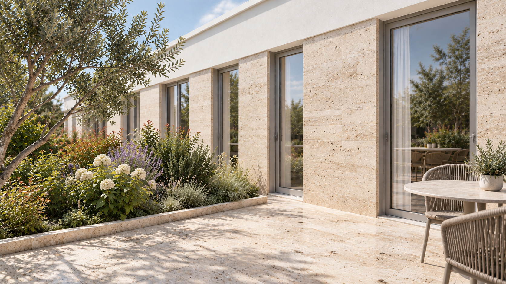 Modern contemporary building with beige travertine.