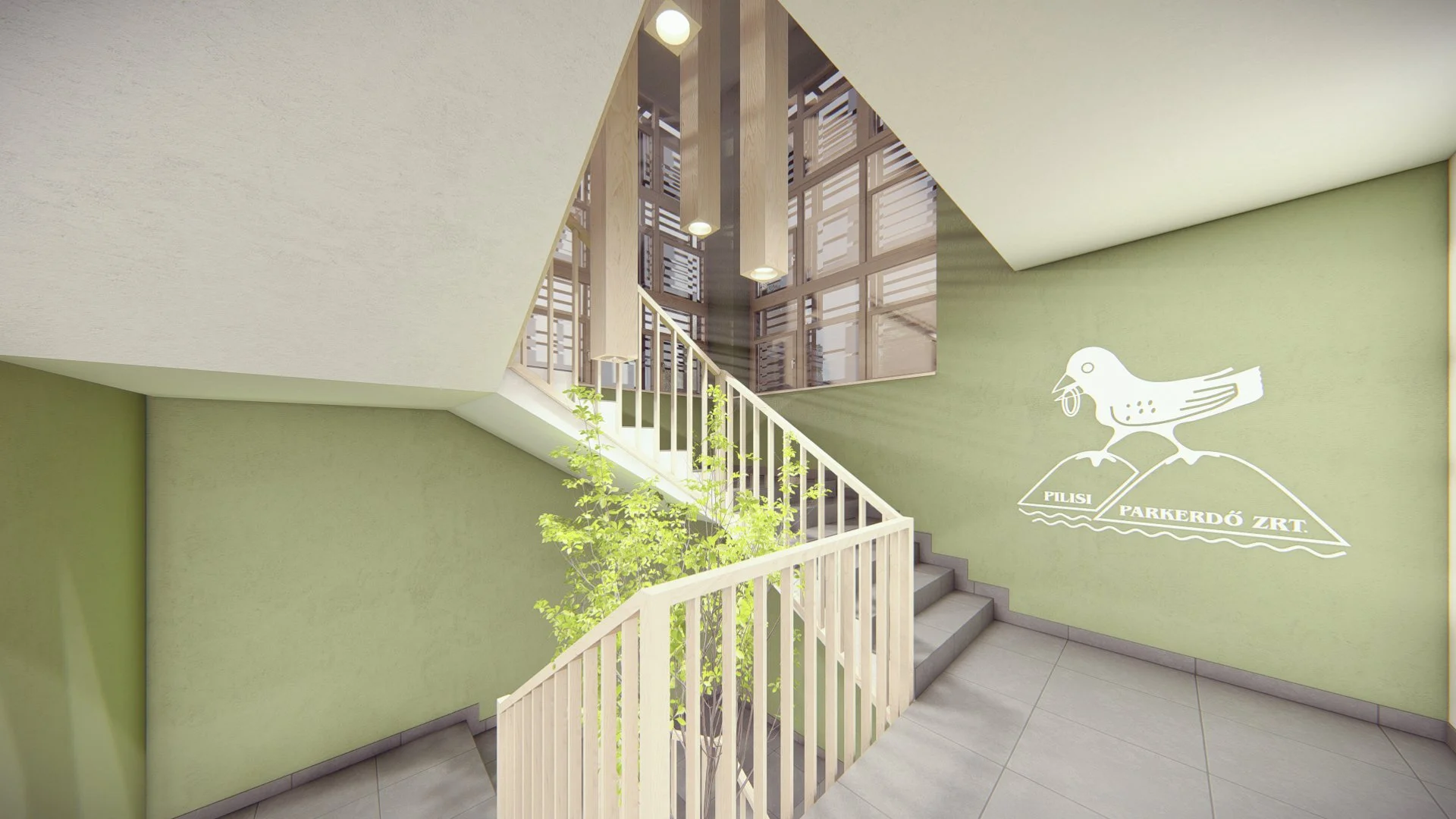 Interior view of a modern stairwell with green walls, white railings, indoor plants, and a logo featuring a bird on a rock with the text 'Pilisi Parkerdő Zrt.'