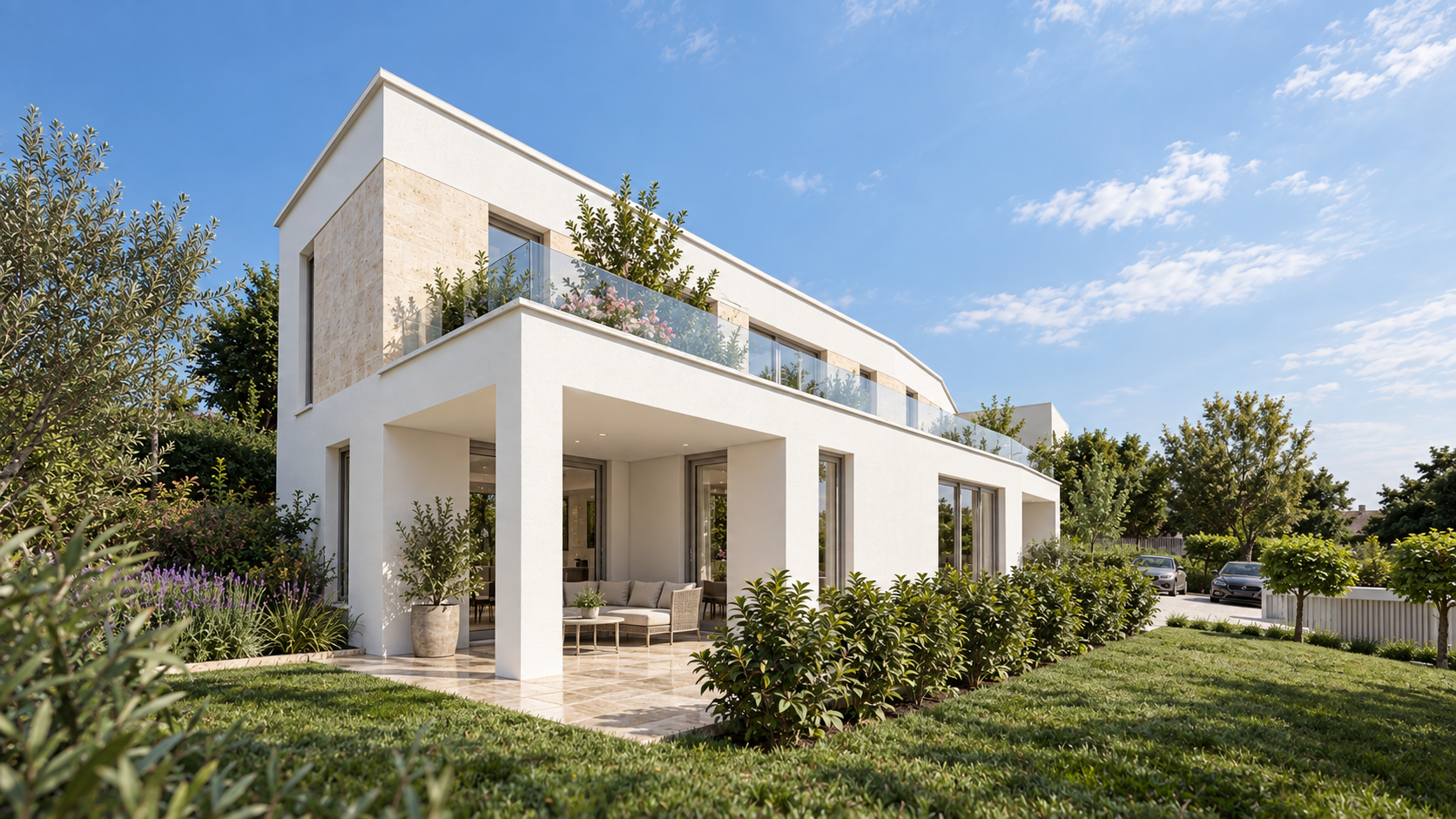 Modern white two-story apartment house with travertine and white faceda.