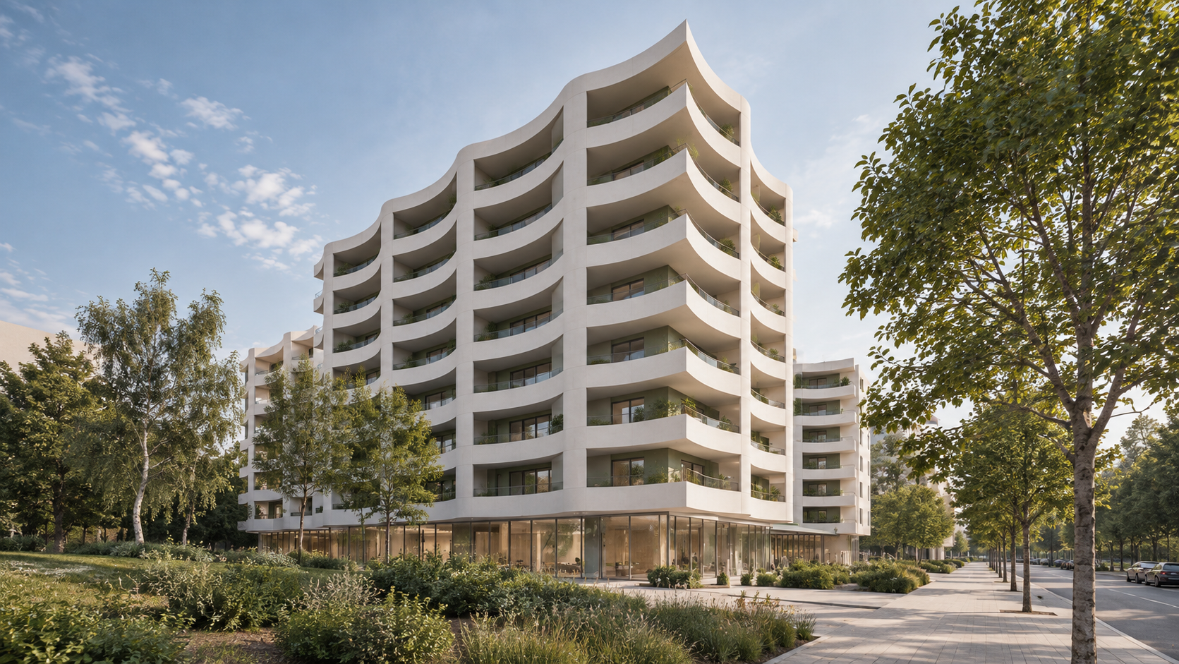 A modern white multi-story residential building with curved balconies, surrounded by green trees and a paved sidewalk in an urban setting on a clear day.