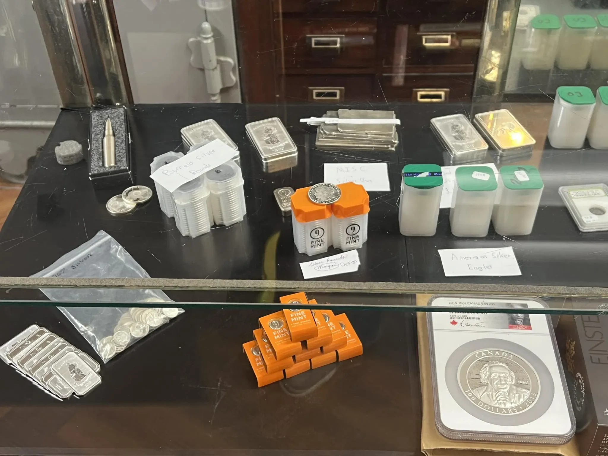 Silver bullion coins and bars at Larsen’s Jewelry & Half Interest Pawn in Mobridge, SD
