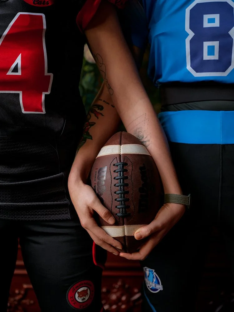 Amsterdam quarterback Dominique (left) and Zwolle Blue Jay Laila (right), House van Brienen, Amsterdam, NL, 2023.