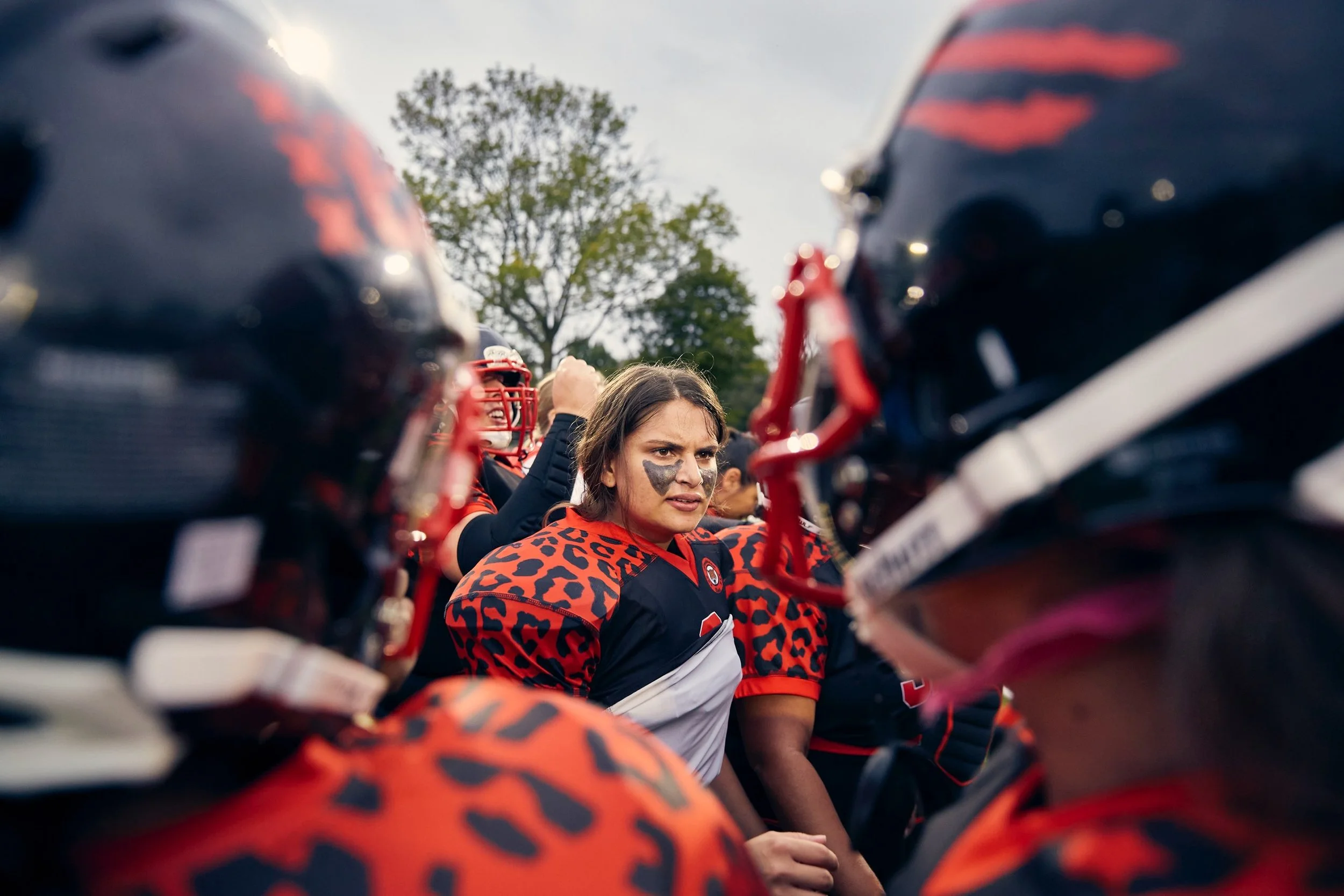 Kelly, quarterback for the Amsterdam Cats, gives her team a pre-game pep talk before facing off against the Rotterdam Ravens in Amsterdam, Netherlands, on Sept. 27, 2020. This would be the only game of the season, which was canceled shortly afterward