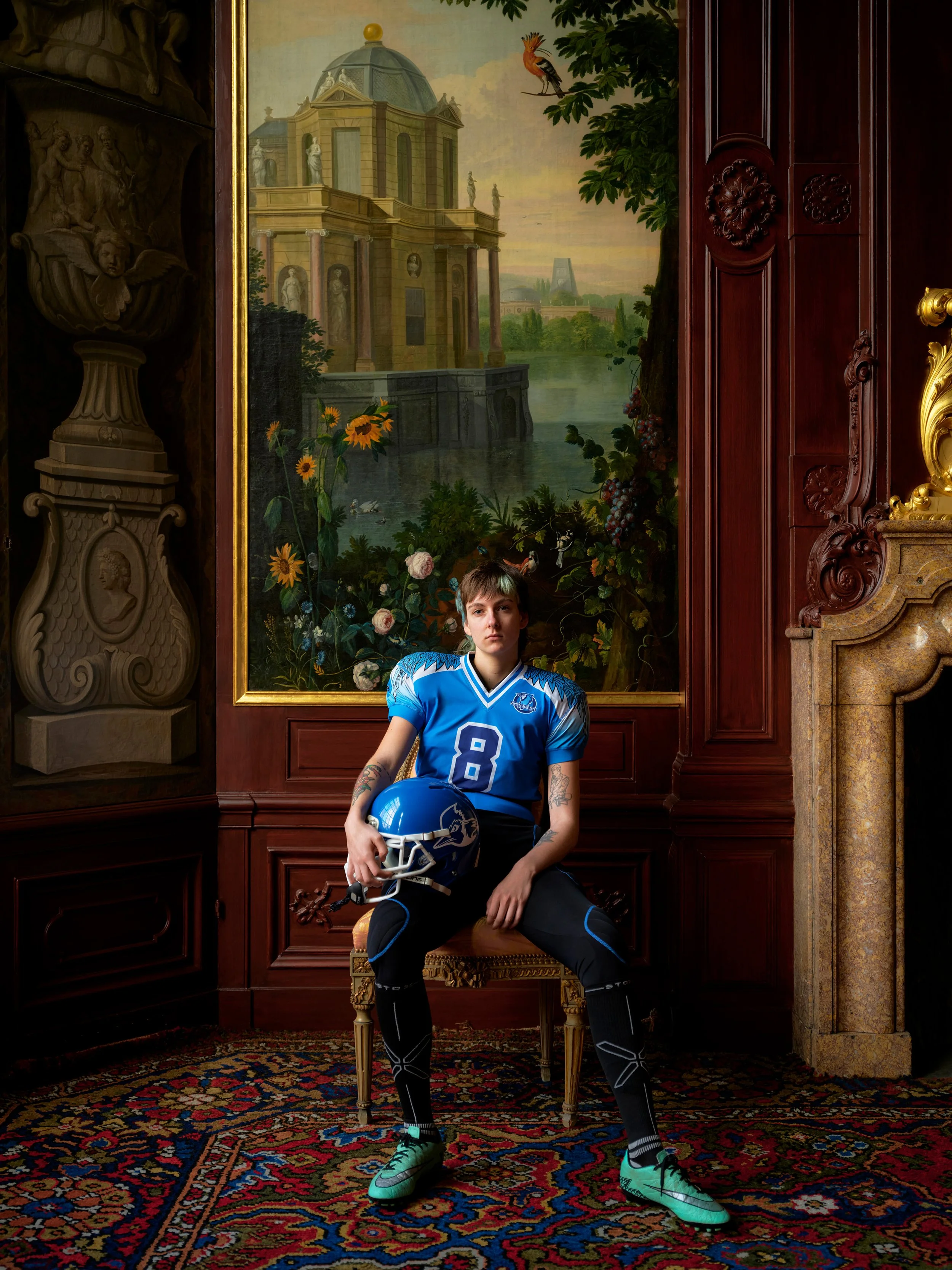 Laila, receiver, Zwolle Blue Jays, poses in the main room at House van Brienen, Amsterdam, NL, 2023.