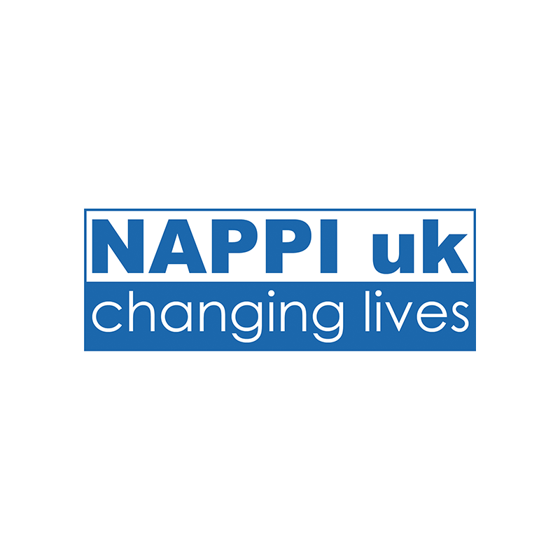 Logo for NAPPi UK with the slogan 'changing lives' in blue and white text