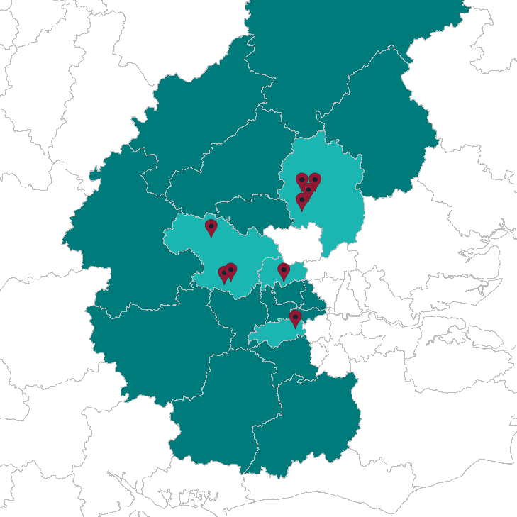 Map of Germany with five marked locations highlighted in dark red.