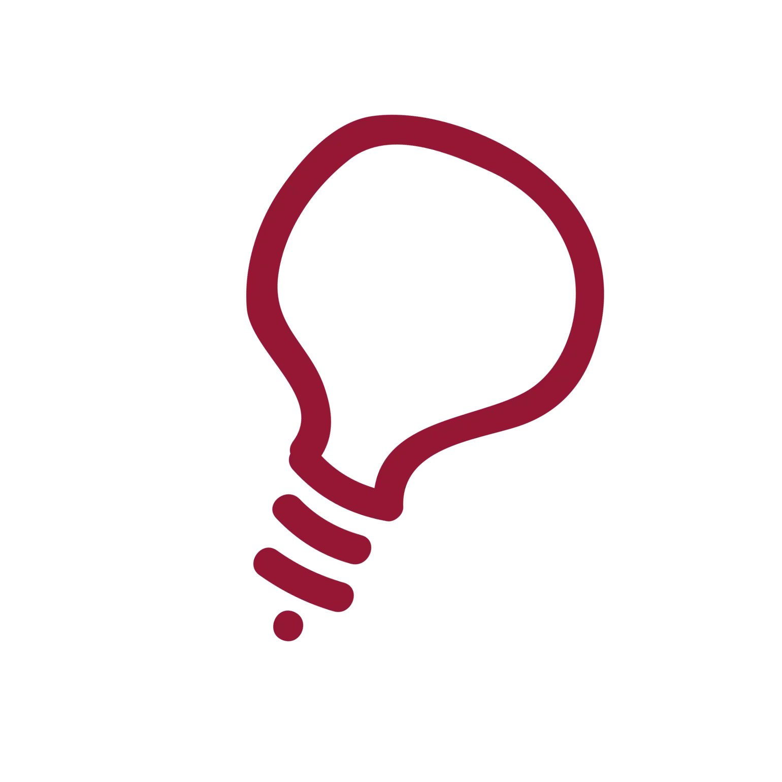 Outline of a human head with a lightbulb shape inside, representing ideas or thinking, in dark red color.