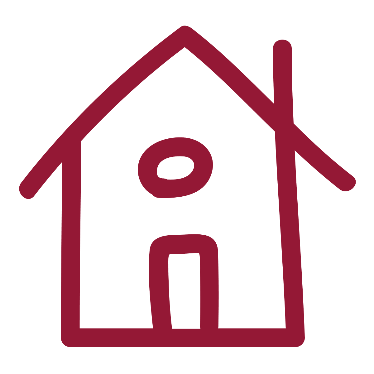 Outline of a house with a door and a window, drawn in a simple, abstract style with maroon lines.